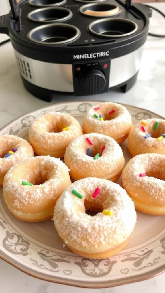 A plate of mini donuts dusted with powdered sugar and sprinkles, with a mini electric donut maker in the background.